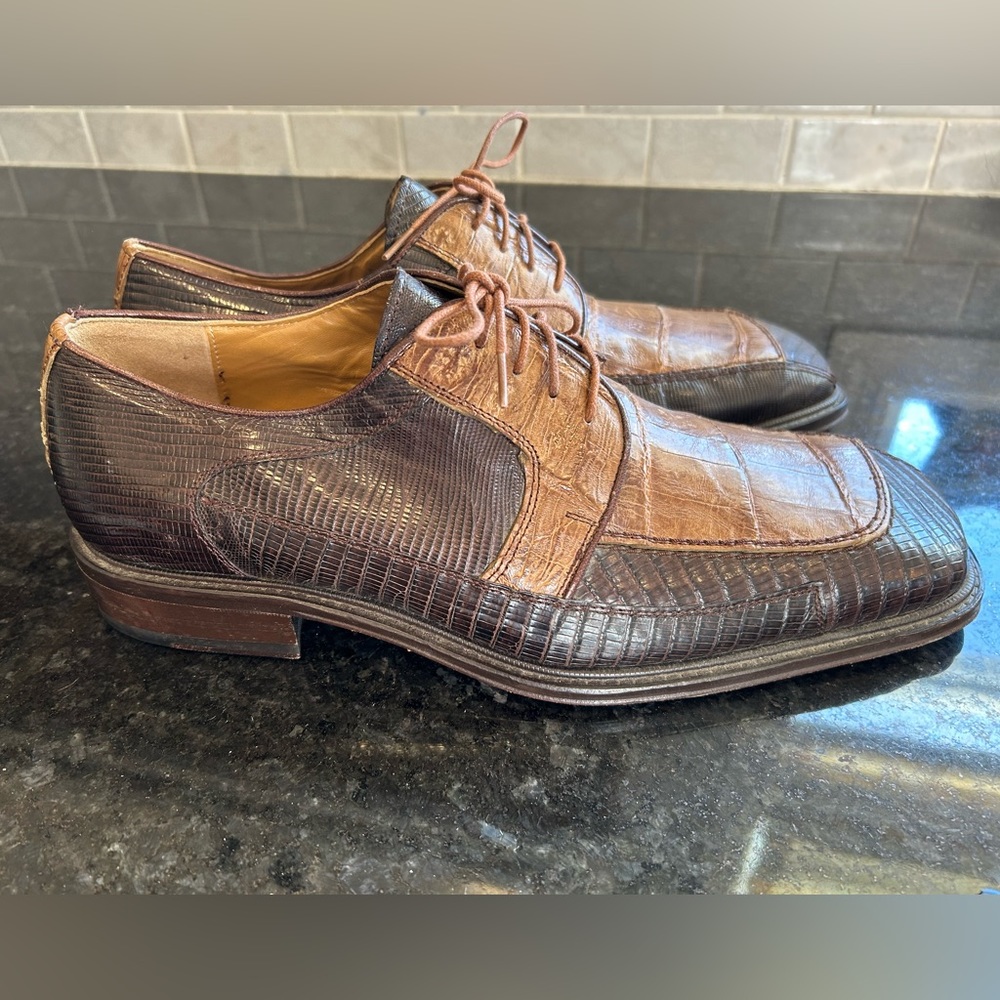David Eden Mens Genuine Crocodile Lizard Oxford Two-tone Brown lace up shoes